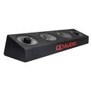 Photo of the plank facing front angled right to show DD AUDIO embroidery, two VO-MX206s and two VO-M206s (6 inch mids and coaxials)