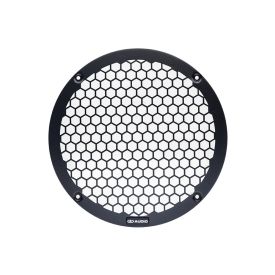 Photo of 10 inch metal mesh grill front facing, showing the logo badge at the bottom