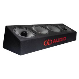 Photo of the plank facing front angled right to show DD AUDIO embroidery, two VO-MX208s and two VO-M208s (8 inch mids and coaxials)