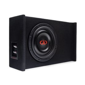 Photo of LE-DF-LS610.1 Loaded Enclosure facing front to show SL610 subwoofer in box with connection panel on side