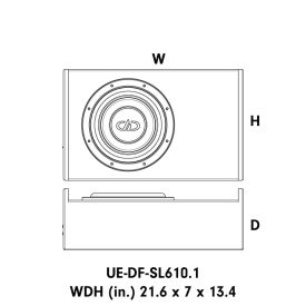 Diagram of Unloaded Enclosure - with model name UE-DF-10.1 for the SL610 (sold separately) and dimensions - WDH (in.) 21.6 x 7 x 13.4