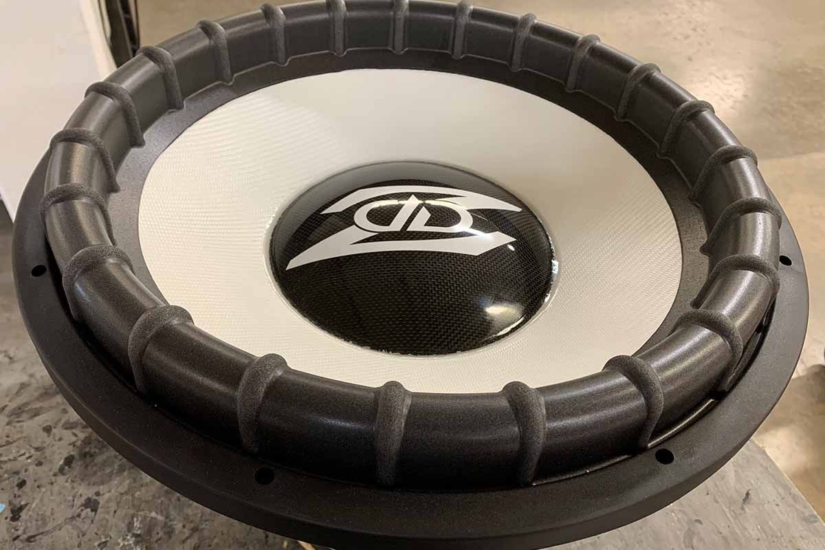 USA Made Subwoofer with white powder coat basket, white cone, black high gloss dust cap, white DD Z logo