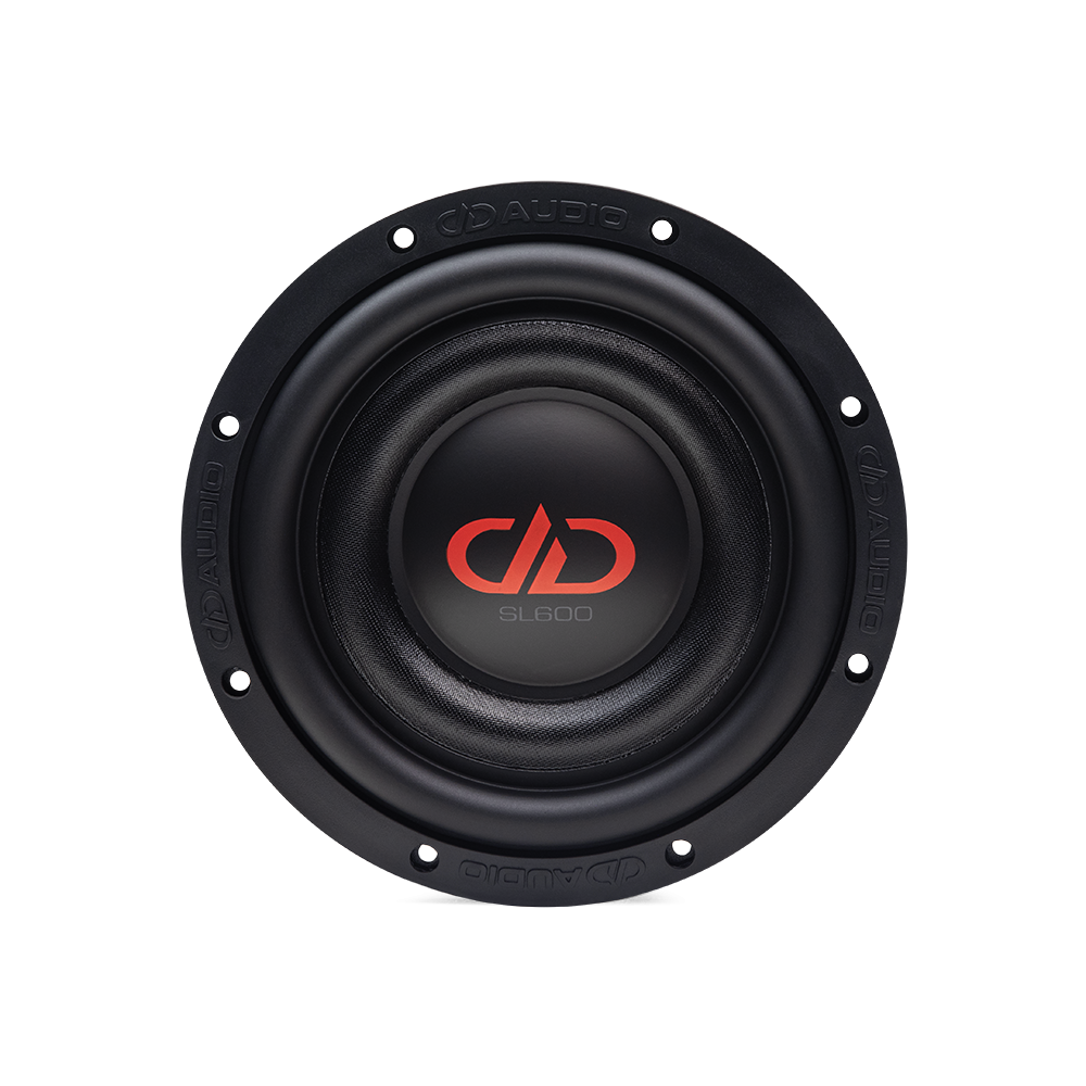 8 inch SL Slim Series Subwoofer front view of logo, dust cap cone and surround