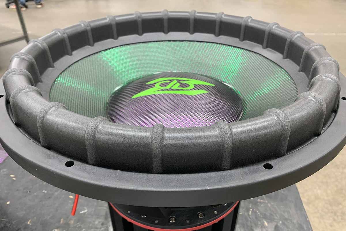 USA Made Subwoofer with green polychromatic cone, purple polychromatic dust cap and green DD Z Logo