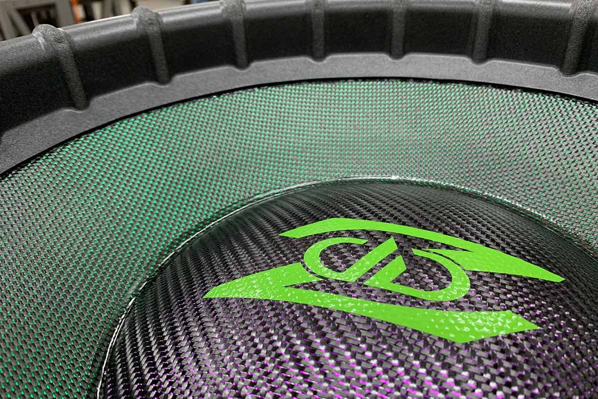 USA Made Subwoofer with green polychromatic cone, purple polychromatic dust cap and green DD Z Logo