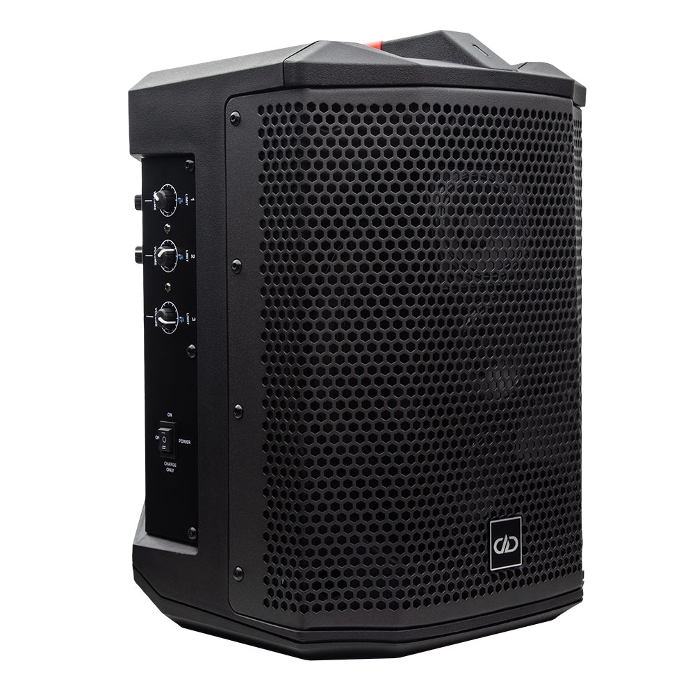 Photo of rager-wpa-3.1 Wireless Pro Audio speaker shot front angled to show most of the speaker grill and part of the controls on side