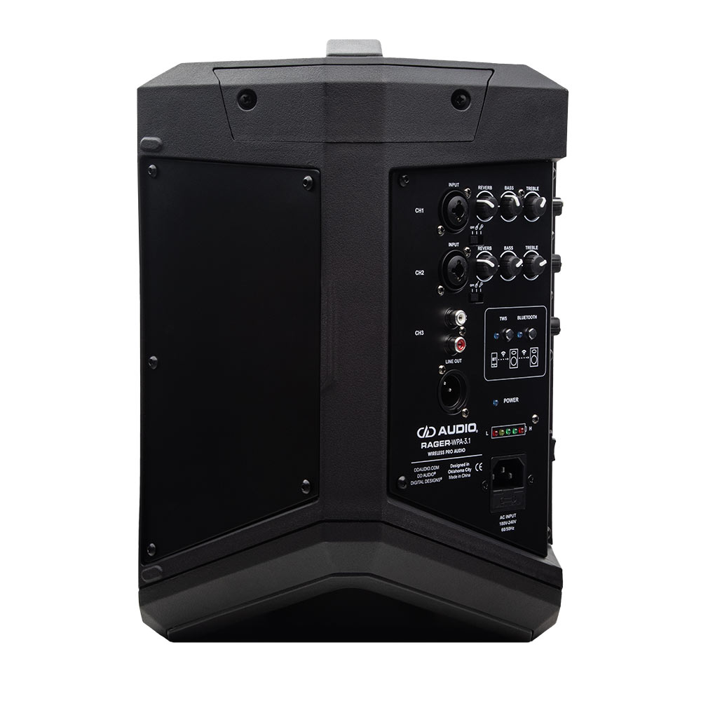 Photo of rager-wpa-3.1 Wireless Pro Audio speaker shot from back to show part of the controls on side and demonstrate bottom and back positioning angles