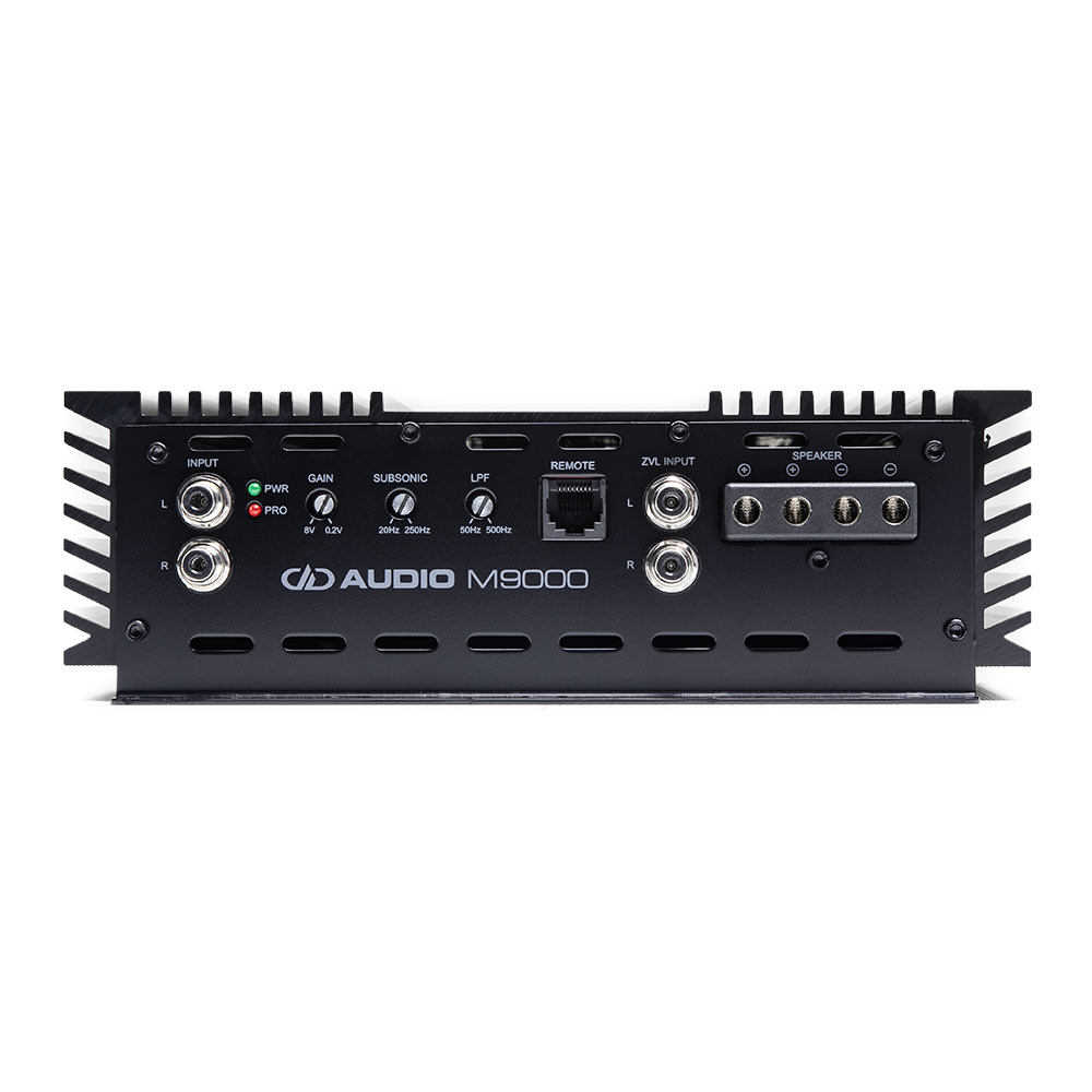Photo of M9000 side panel with speaker connection points and settings