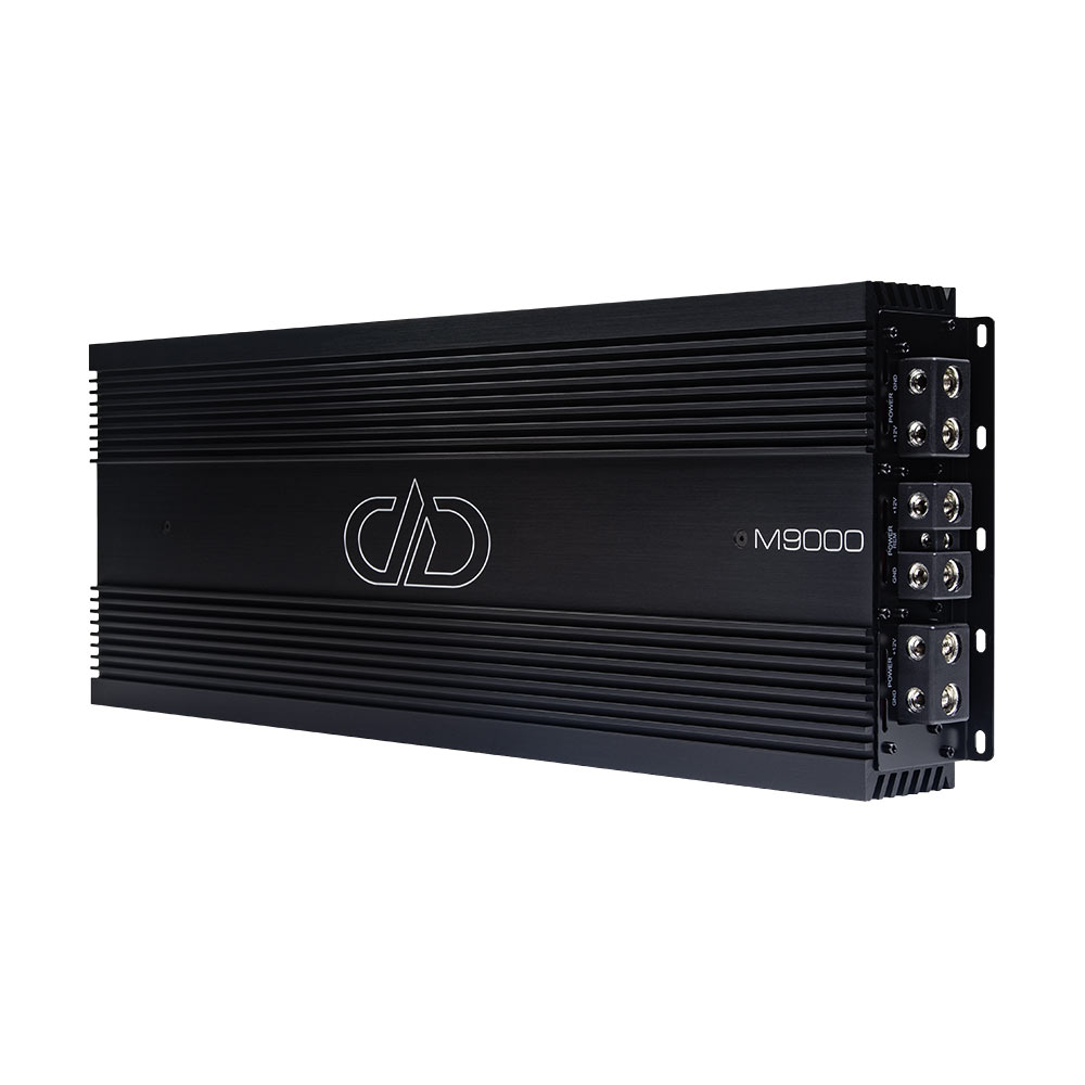 Photo of M9000 angled to show full top plate with logo and model number as well as connection side panel