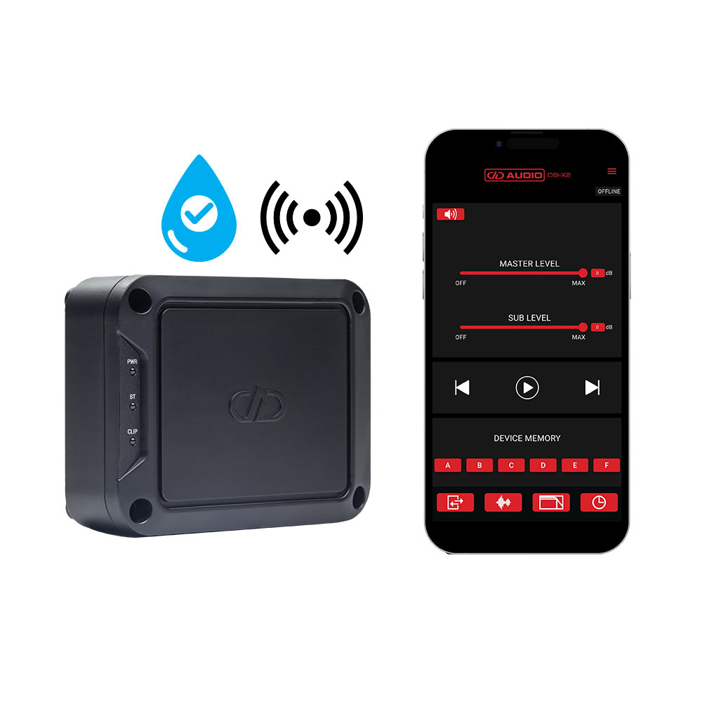 Photo of DSI-X2 shot from the top angled on its side to show logo and indicator lights with water droplet icon to indicate waterproof IPX7 rating and icon indicating wireless connectivity next to phone with screen showing app control