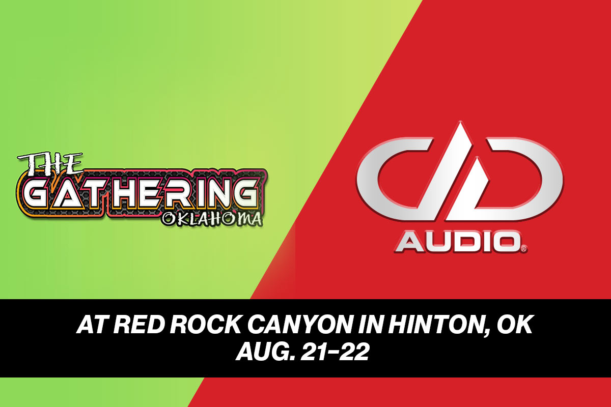 graphic with two logos one for The Gathering Oklahoma show and the other the DD AUDIO logo with text at Red Rock Canyon in Hinton OK aug 21 thru 22