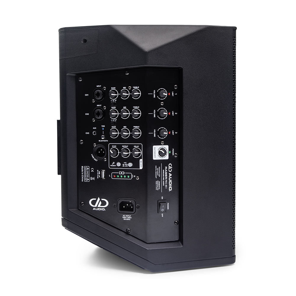 Photo of RAGER-PRO-851 angled to the side to show controls and connection inputs