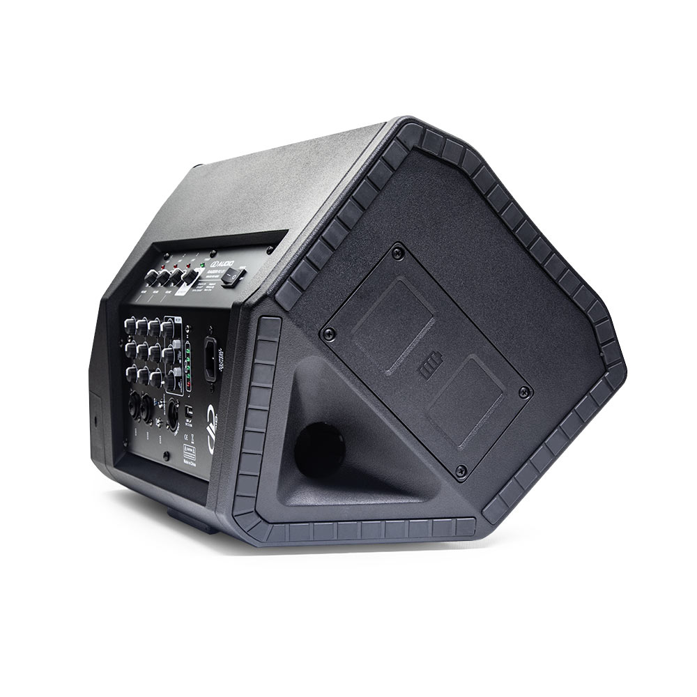 Photo of RAGER-PRO-851 angled left to partially show controls, positioned to direct sound up and out horizontal