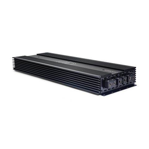 Photo of M9000 angled back to the left showing side, top plate, and power connection side panel