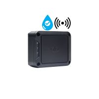Photo of DSI-X2 shot from the top angled on its side to show logo and indicator lights with water droplet icon to indicate waterproof IPX7 rating and icon indicating wireless connectivity