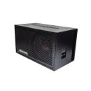 LE-C510.1 Photo angled to the left showing the full frame protective grill, the single 500 Series 10 inch subwoofer, the side firing port, and push connector panel