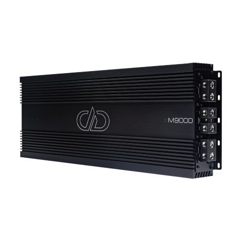 Photo of M9000 angled to show full top plate with logo and model number as well as connection side panel