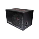 LE-512.1 / LE-312.1 Photo angled up and to the left showing the full frame protective grill, the single 500 Series 12 inch subwoofer, the side firing port, push connector panel and embroidered logo on the top of the box