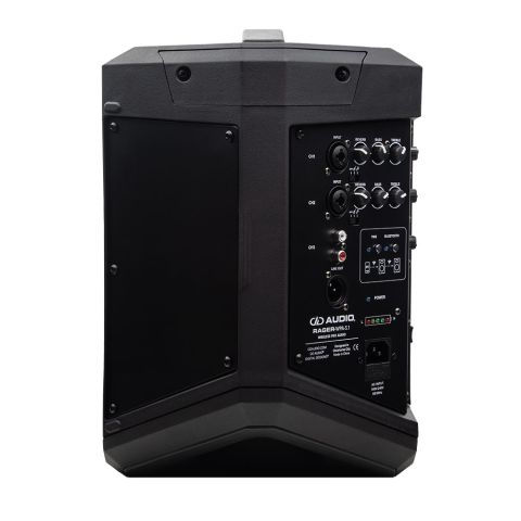 Photo of rager-wpa-3.1 Wireless Pro Audio speaker shot from back to show part of the controls on side and demonstrate bottom and back positioning angles